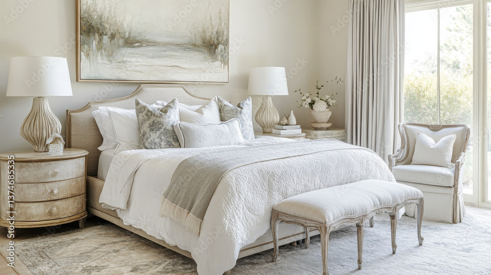 A refined bedroom setting with a muted palette, featuring elegant abstract artwork, a sculptural bedside table, and textured textiles for a sophisticated and calming space. A refined bedroom setting with a muted palette, featuring elegant abstract artwork, a sculptural bedside table, and textured textiles for a sophisticated and calming space.