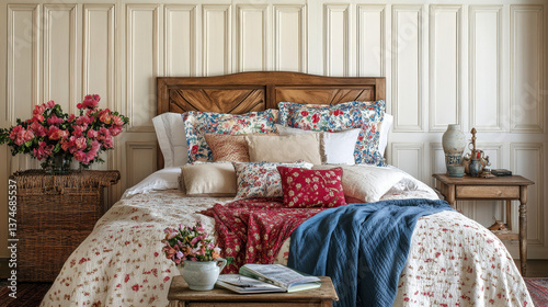 Modern bedroom interior with design coffee table, flowers in vase and elegant personal accessories. Beautiful bed sheets, blanket and pillows. Template. Stylish home staging. Wall panelling. Details