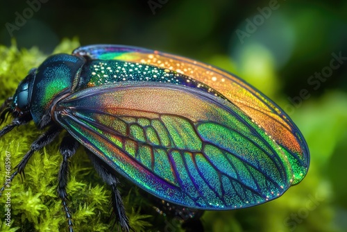 A vibrant iridescent beetle, showcasing stunning jewel-toned elytra and intricate details.