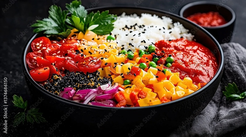 Rice and veggies in a bowl, shown close-up atop a table next to a cup of sauce Rice and veggies in a bowl, shown close-up atop a table next to a cup of sauce
