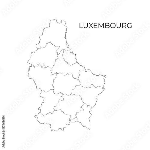 A black line vector map of Luxembourg showing its administrative divisions, with the country name displayed above on a white background