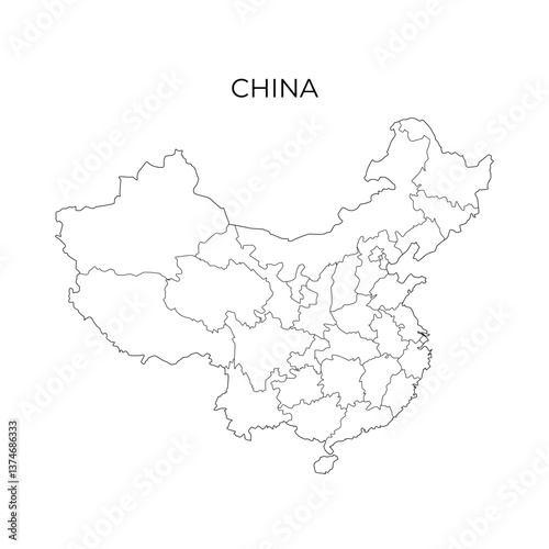 A black line vector map of China showing its administrative divisions, with the country name displayed above on a white background