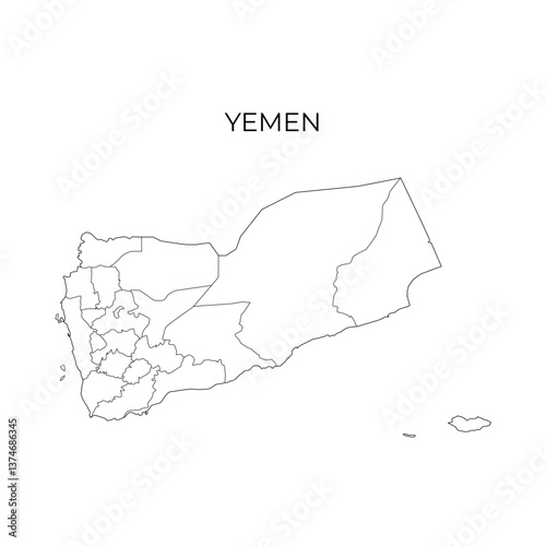 A black line vector map of Yemen showing its administrative divisions, with the country name displayed above on a white background