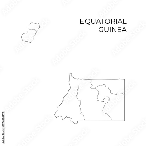 A black line map of Equatorial Guinea showing its mainland and island administrative divisions, with the country name labeled above on white background