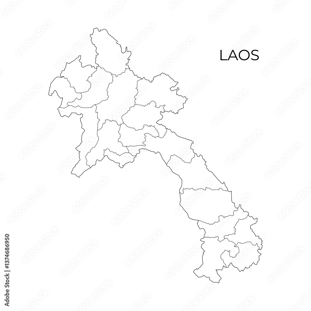 Obraz premium A simple black and white vector map outline of Laos showing its provinces and geographical divisions