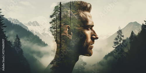 Artistic double exposure of a man's profile merged with a forest scene...
