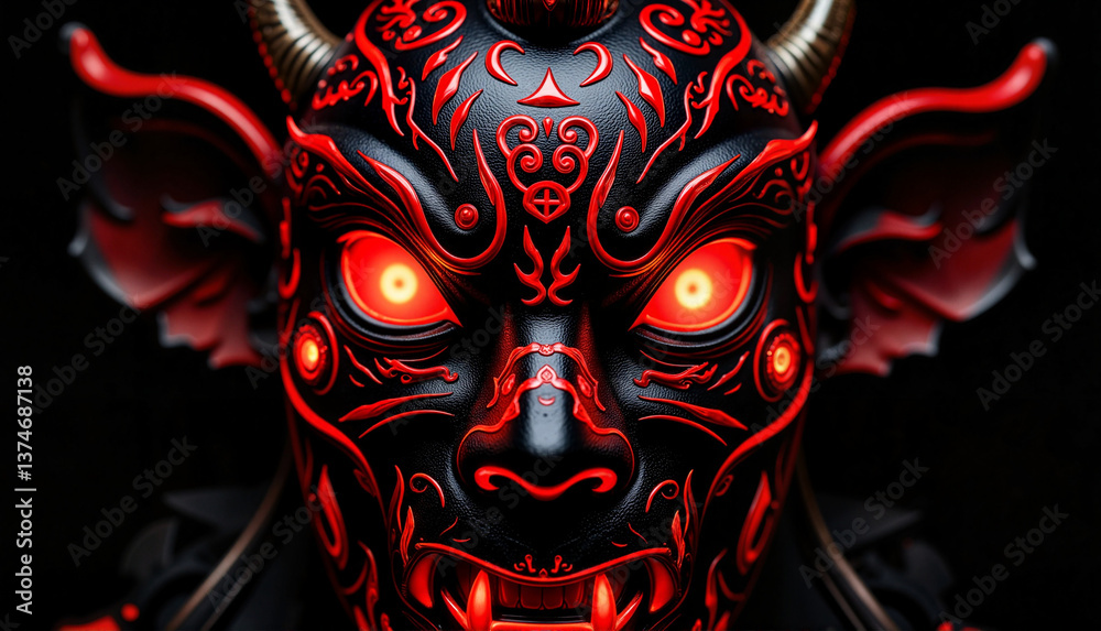 Naklejka premium Demon mask design with glowing eyes on black background