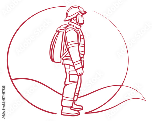 Red line drawing of a firefighter in profile with breathing apparatus inside a circle.
