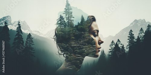 Artistic double exposure of a man's profile merged with a forest scene...
