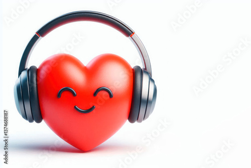 Love red heart in headphones. Space for text.