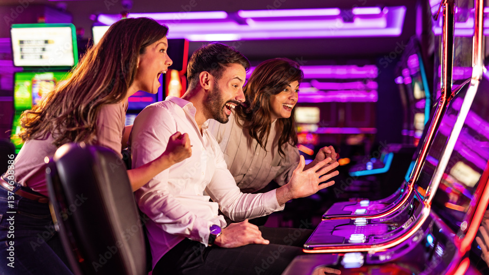 Group of Friends Celebrating a Casino Slot Machine Win at Night
