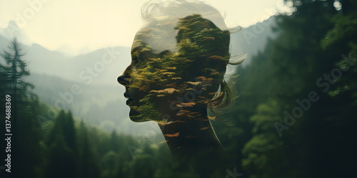 Artistic double exposure of a man's profile merged with a forest scene...
