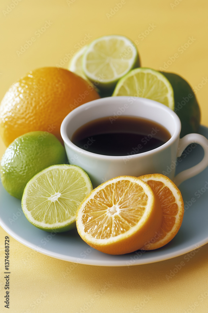 Enjoying a warm beverage with fresh citrus fruits on a bright yellow background