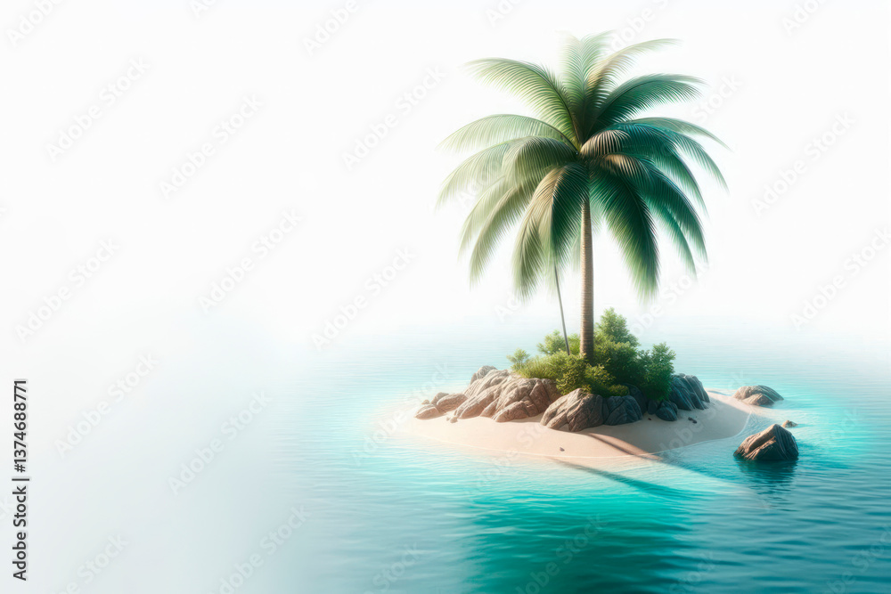 Obraz premium A tropical island with a palm tree on azure water. Space for text.