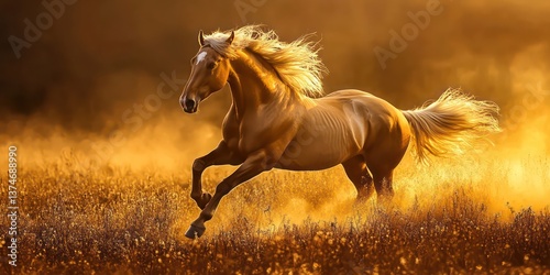 a stunning golden horse galloping freely through a field of golden grasses, creating a sense of motion and freedom. The horse's flowing mane and tail add to the feeling of grace and power