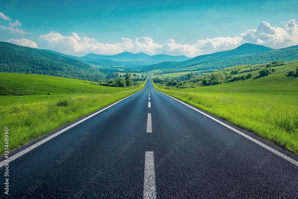 Fototapeta premium A straight asphalt road with white markings leading to the horizon in summer. Green meadows and hills stretch along the sides of the road.