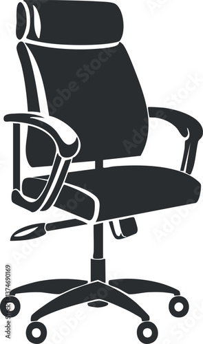 Illustration of a black ergonomic office chair with armrests and wheels for mobility.