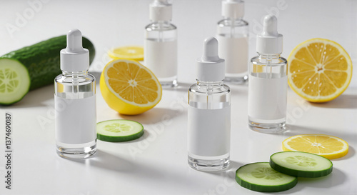 Cucumber and lemon with cosmetic bottles on white background
