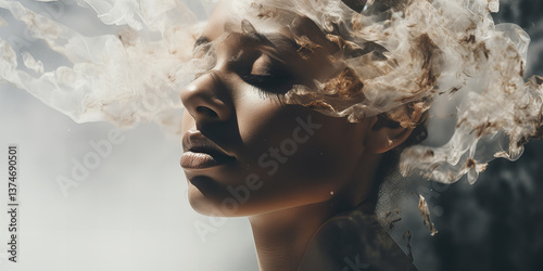 Double exposure of a serene woman intertwined with flowing abstract shapes...