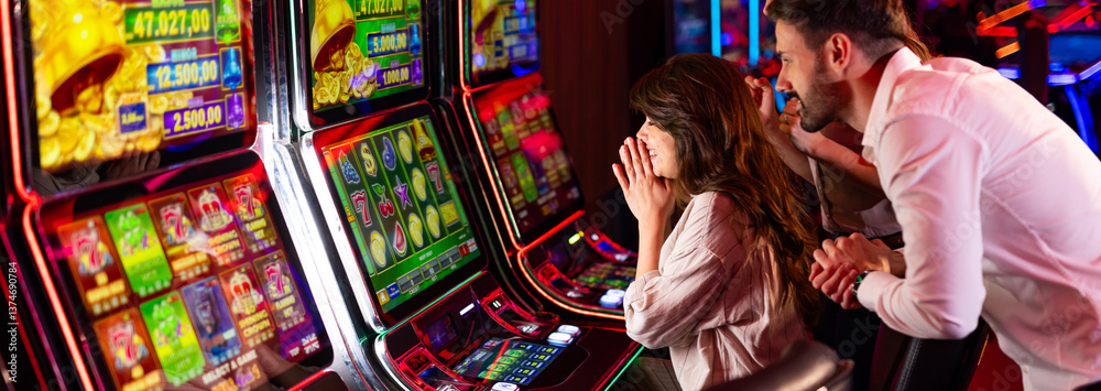Excited Couple Gambling on Slot Machines at a Colorful Casino