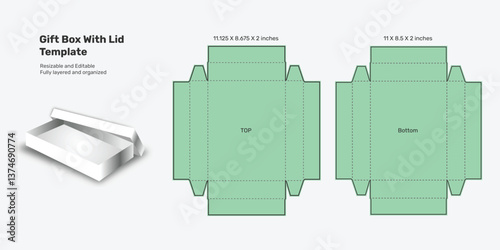 Gift box with lid template die cut design, Die lines layout for gift box.
