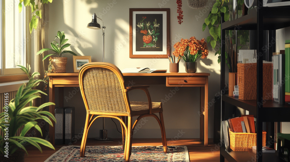 Creative composition of cozy workplace with mock up poster frame, wooden desk, rattan chair, black rack, simple lamp, vase with flowers, patterned carpet and personal accessories. Home decor. Template Creative composition of cozy workplace with mock up poster frame, wooden desk, rattan chair, black rack, simple lamp, vase with flowers, patterned carpet and personal accessories. Home decor. Template