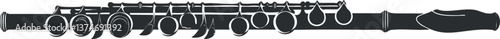 Illustration of a flute, a classical woodwind instrument with keys, used in orchestras and concerts.