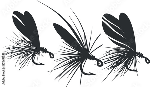Silhouette of three fishing fly baits in black and white, showcasing detailed wings and hooks.