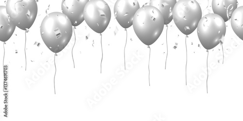 Beautiful celebration party seamless vector with silver falling confetti and flying balloons on white background.