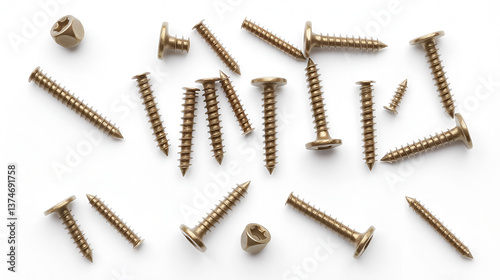 Set of self-tapping screws for wood and metal, isolated on white
