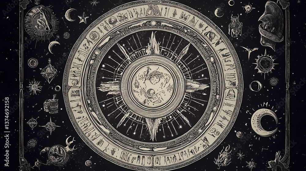 Celestial zodiac engraving with ancient symbols. Cosmic Etching. Illustration