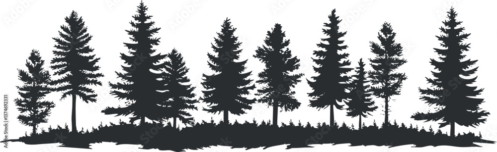 Obraz premium Silhouette of evergreen pine trees forming a serene forest landscape on a white background.