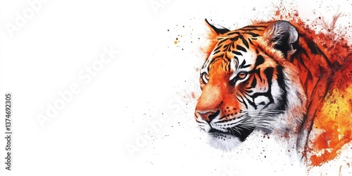 a watercolor tiger with vibrant colors, a symbol of strength and beauty. The tiger's majestic face is the focal point, showcasing the artistry and detail. 