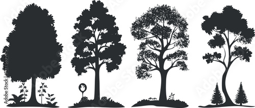 Silhouette illustration of various tree species showcasing diverse foliage and natural outdoor environments.