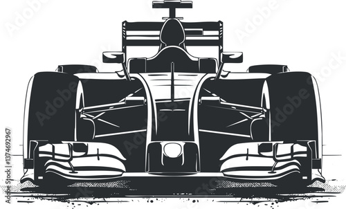 Monochrome illustration of a formula racecar from the front, highlighting design and speed.