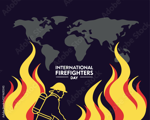 Global International Firefighters Day celebration with stylized flames and world map.