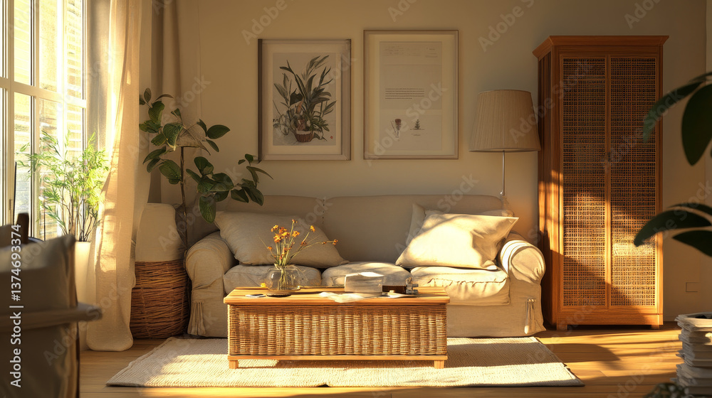 custom made wallpaper toronto digitalCreative composition of living room interior with beige sofa, wooden coffee table, rattan sideboard, partition wall, lamp, beige carpet, stylish armchair and personal accessories. Home decor. Template