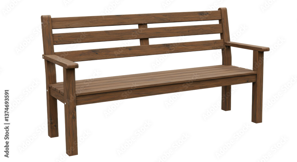 A brown wooden park bench with armrests and a slatted seat and back isolated on a black background A brown wooden park bench with armrests and a slatted seat and back isolated on a black background
