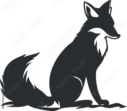 Silhouette of a sitting fox with a bushy tail and pointed ears in black outline.