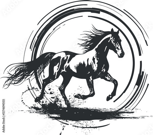 Dynamic black ink illustration of a galloping horse in a circular abstract design.