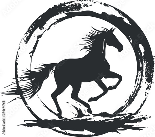 Silhouette of a galloping horse within a circular ink brush design, symbolizing strength and freedom.