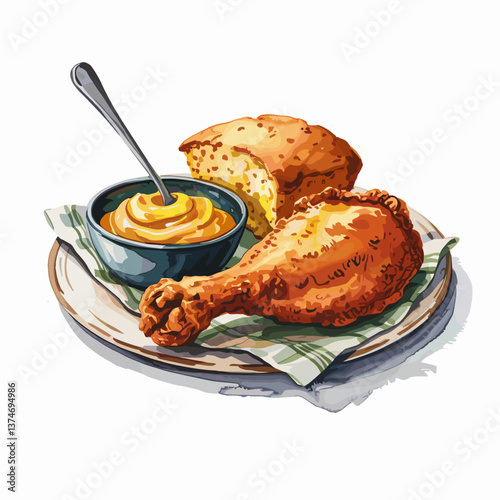 Watercolor Fried Chicken with Cornbread and Honey Butter