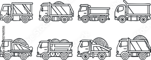 Illustration of various dump trucks in outline style, showcasing different designs and cargo loads.