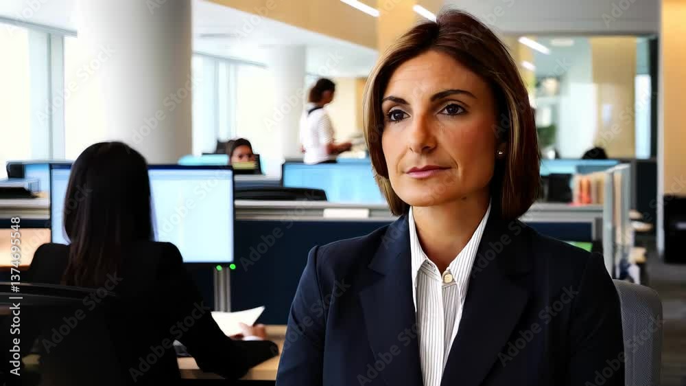 Serious businesswoman in dark suit standing in open plan office with busy team in background
Serious businesswoman in dark suit standing in open plan office with busy team in background