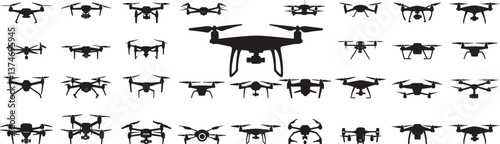 Drone Silhouette Collection: Various Quadcopter Designs and Angles