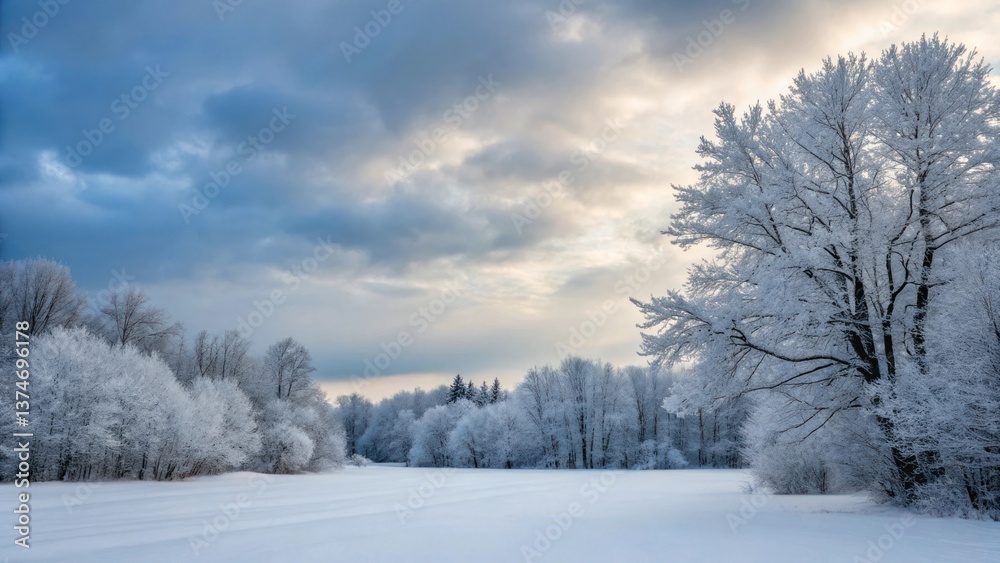 Snow-covered trees and frozen landscape under a cloudy winter sky Snow-covered trees and frozen landscape under a cloudy winter sky