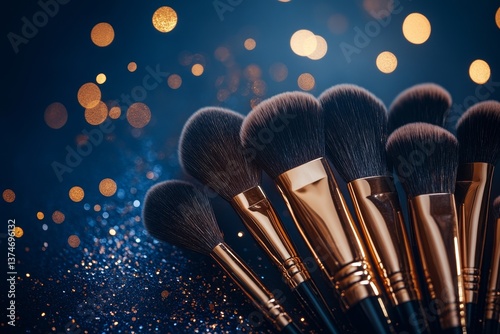 A set of make-up brushes is positioned over a black holiday blinking background, showcasing various professional makeup brushes on a dark studio backdrop, which are tools for make-up artists