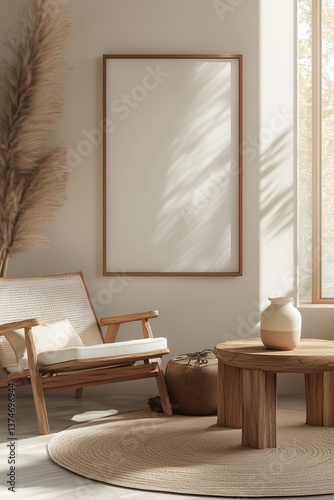 Sunlight illuminating empty frame in cozy bohemian living room