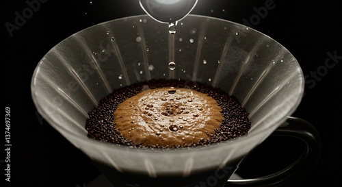 Close up of water dripping into a pour over coffee maker with coffee grounds on a black background