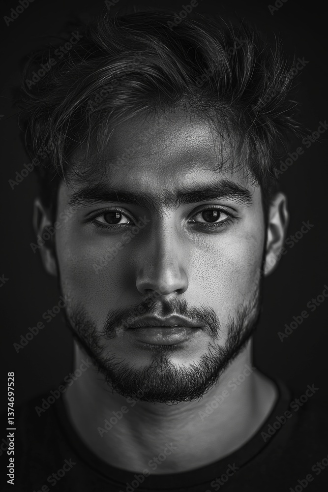 Striking black and white portrait focusing on a young man's intense gaze and facial features. Striking black and white portrait focusing on a young man's intense gaze and facial features.